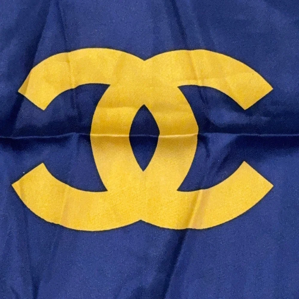 Chanel CC Gold Chain Medallion Silk Square Scarf Navy Blue